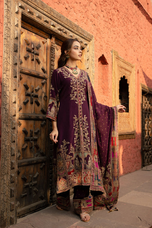 Purple Achkan Style Plazo Suit With Digital Prints And Dupatta