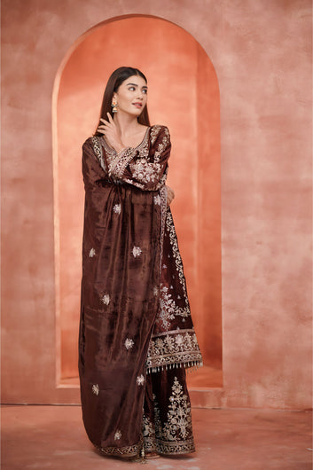 Regal Coffee Embroided Sharara Suit With Dupatta