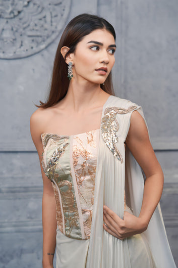 Opulent Gold Ivory Corset Saree With Underbust Blouse