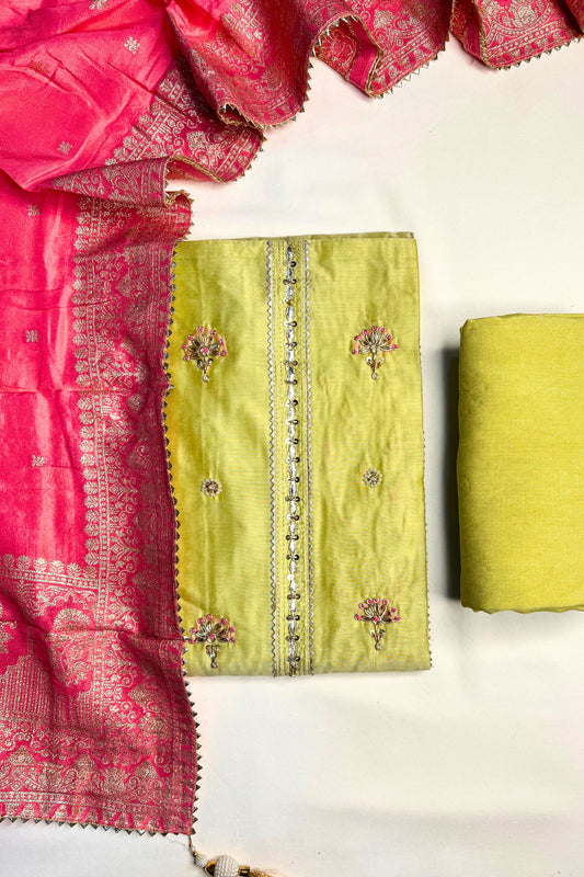 Elegant Maheshwari Silk Traditional Suit with Contrast Banarasi Dupatta