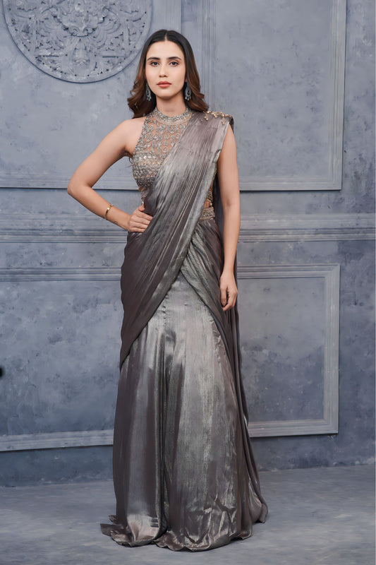 Sheer Grey Lehenga Cum Saree with Hand stitched Halter Neck Blouse