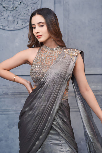 Sheer Grey Lehenga Cum Saree with Hand stitched Halter Neck Blouse