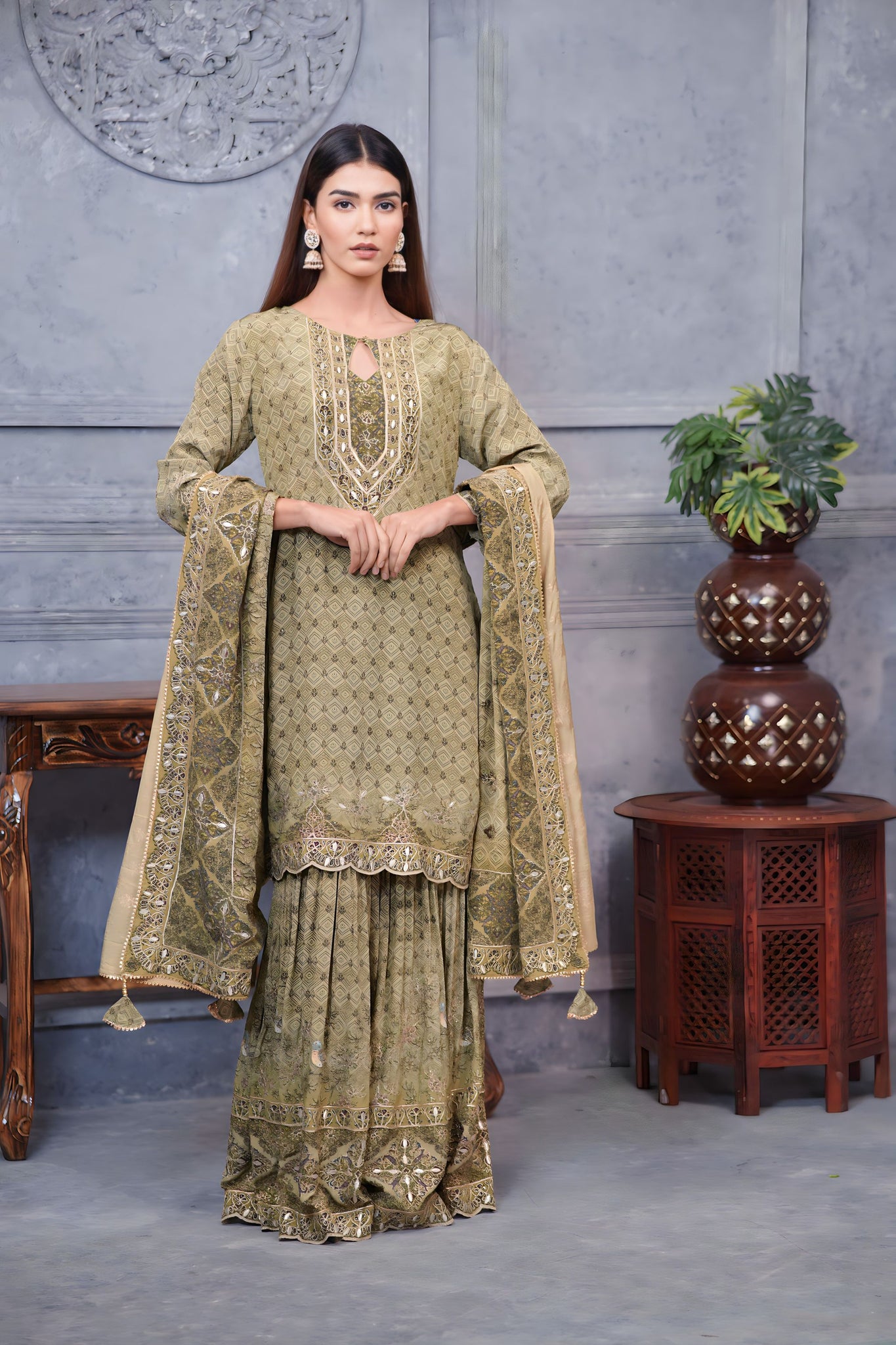 Elegant Olive Pakistani Digital Garara Suit With Intricate Prints