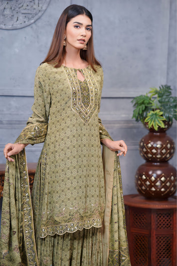 Elegant Olive Pakistani Digital Garara Suit With Intricate Prints