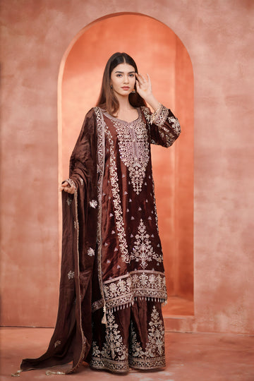 Regal Coffee Embroided Sharara Suit With Dupatta