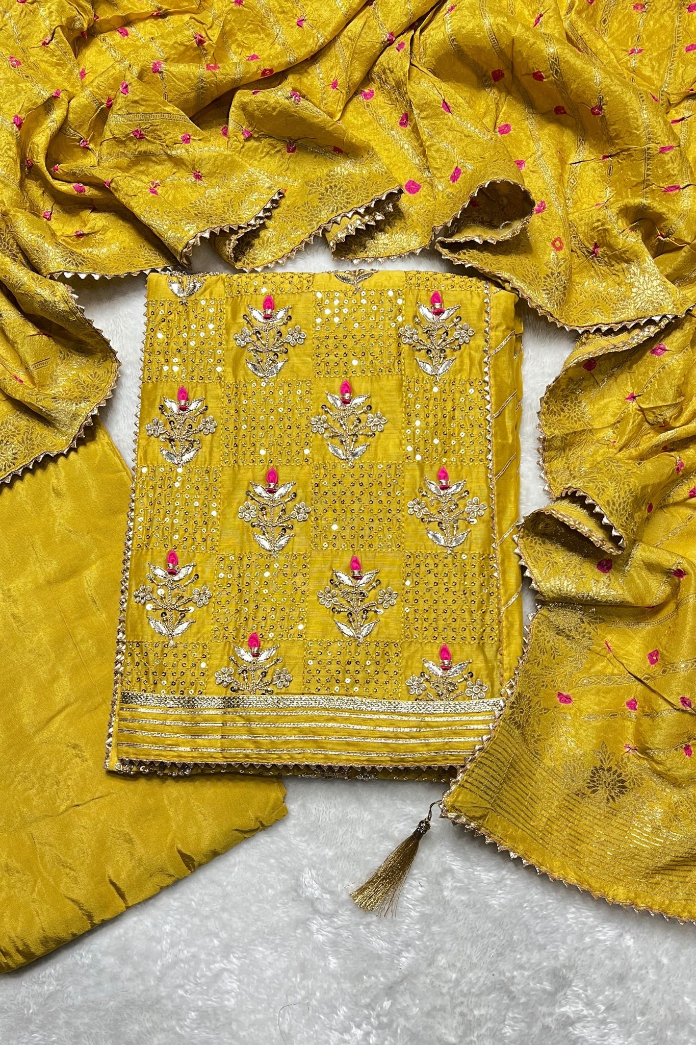 Bright Mustard Pure Chanderi Traditional Unstitched Suit