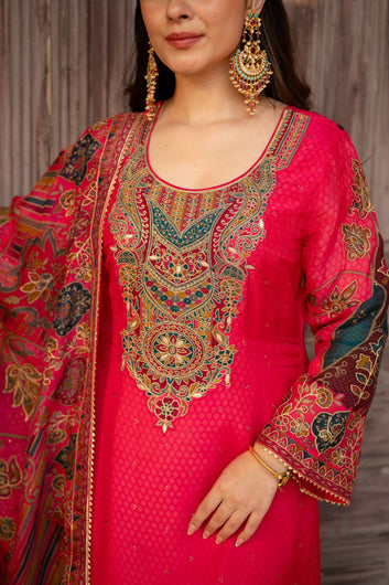 Elegant Dark Pink Long Ethnic Pakistani Suit With Printed Odhani Dupatta