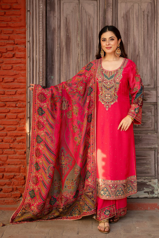 Elegant Dark Pink Long Ethnic Pakistani Suit With Printed Odhani Dupatta