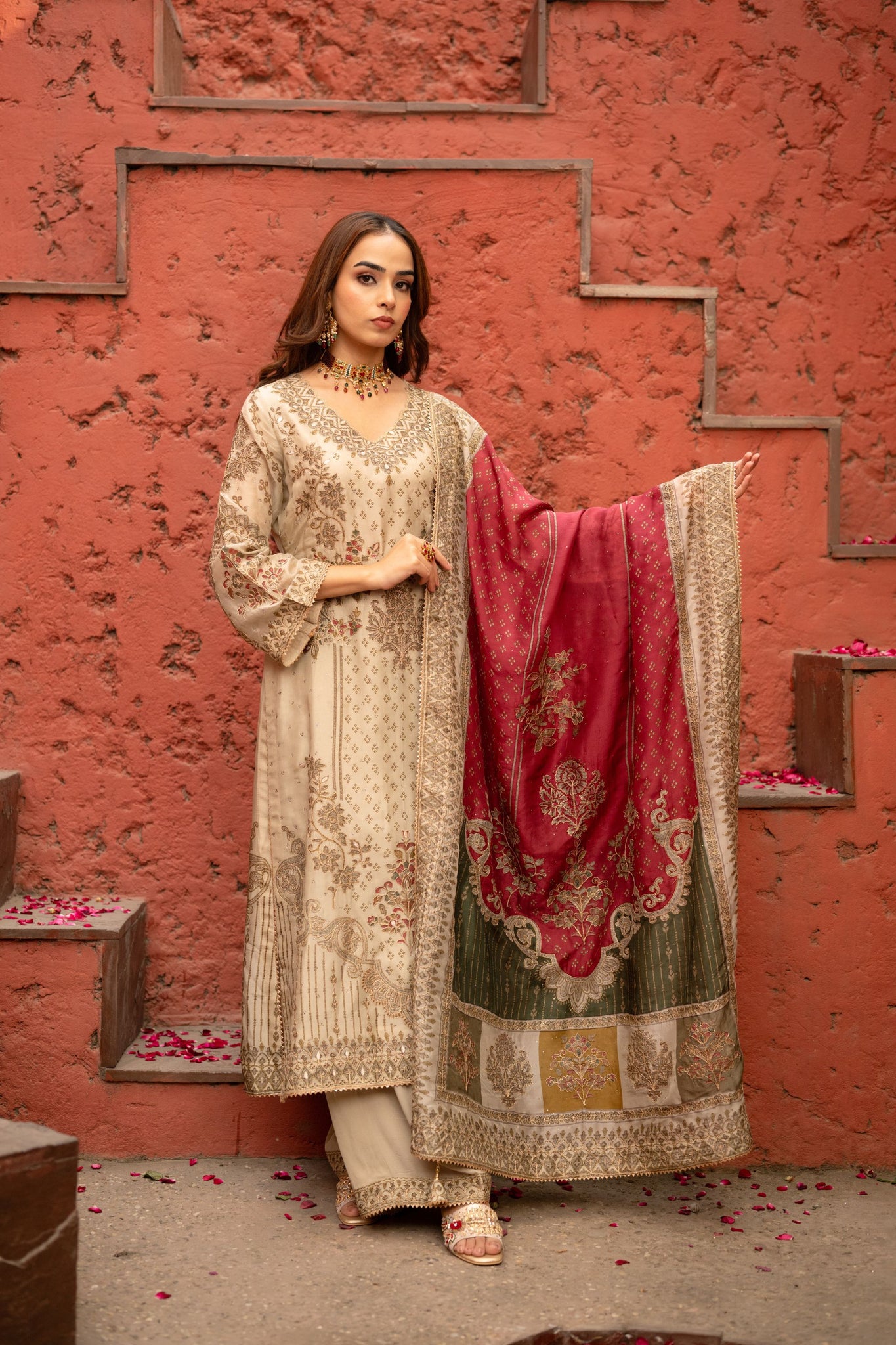 Cream Pakistani Suit with Digital Prints and Contrast Multi Dupatta