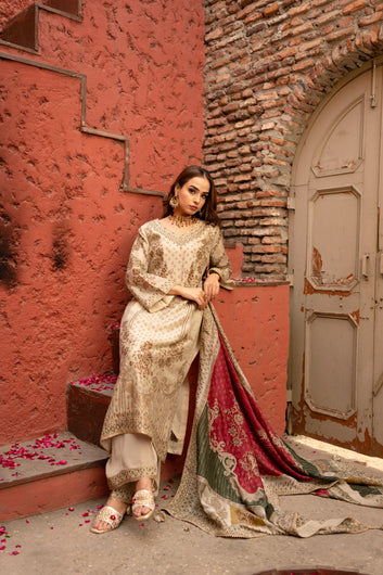 Cream Pakistani Suit with Digital Prints and Contrast Multi Dupatta