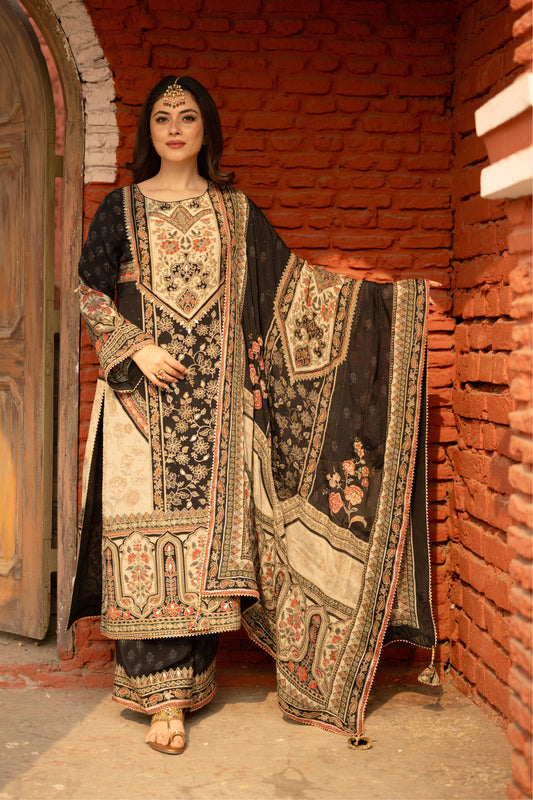 Black Pakistani Plazo Suit with Golden Highlights and Digital Prints