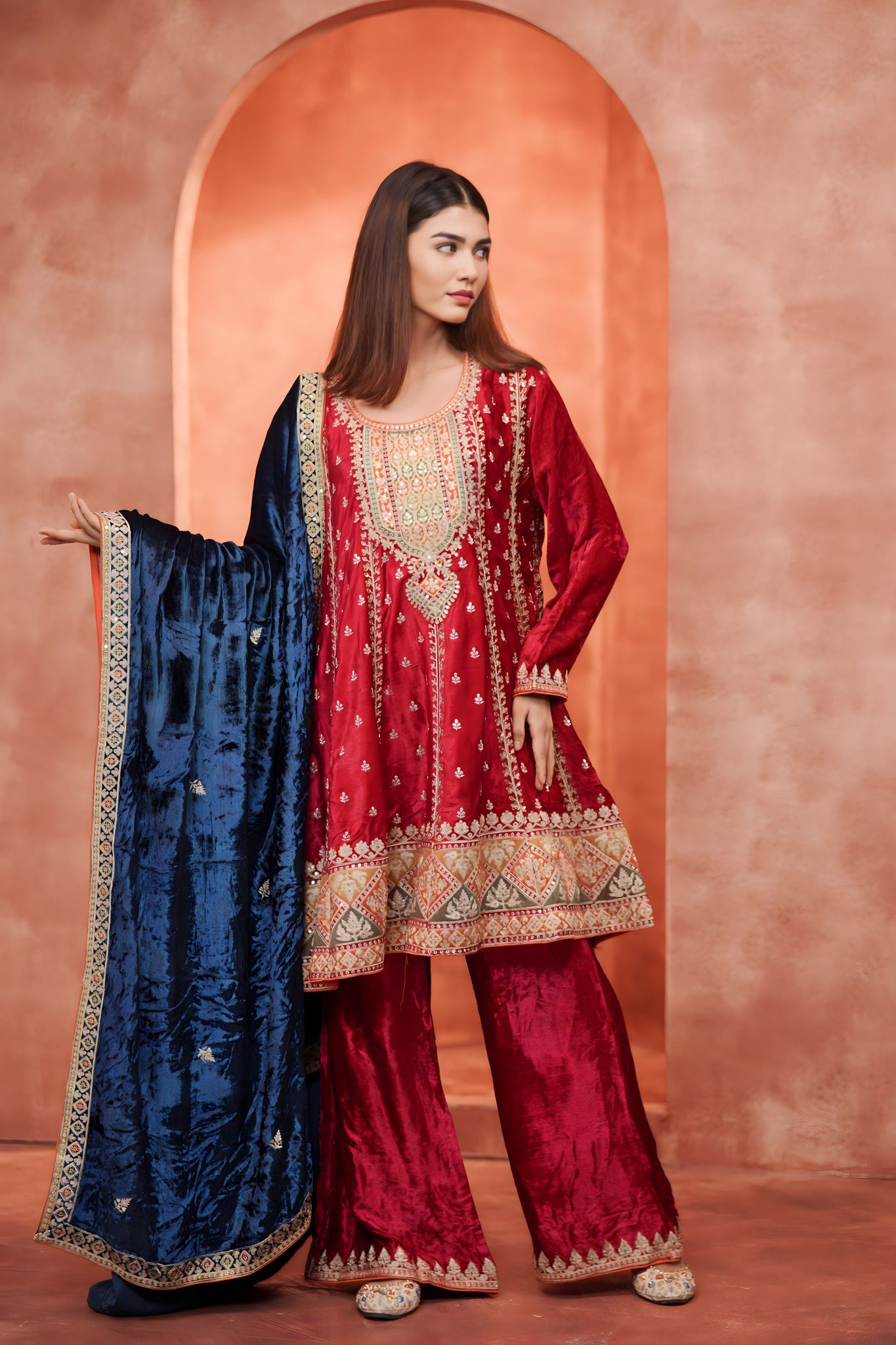 Velvet Elegance Peplum Ethnic Wear With  Touch Of Contrast