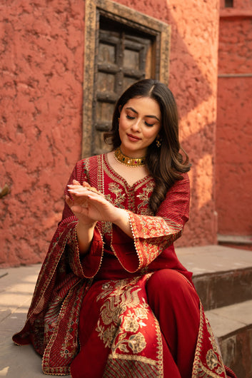 Luxury Maroon Achkan Cut Pakistani Suit With Odhani Dupatta