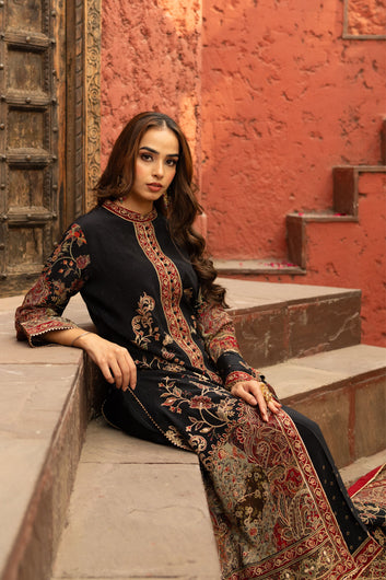 Black Achkan Style Pakistani Suit With Digital Prints