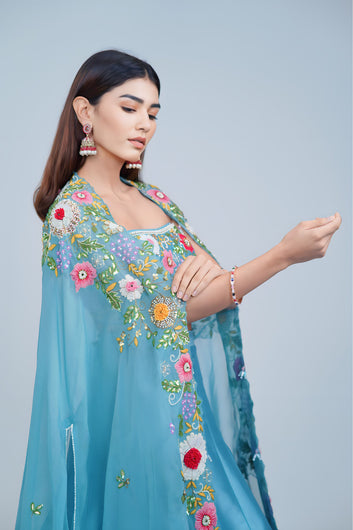 Aqua Blue Floral Embroidered Lehenga Set with Organza Cape