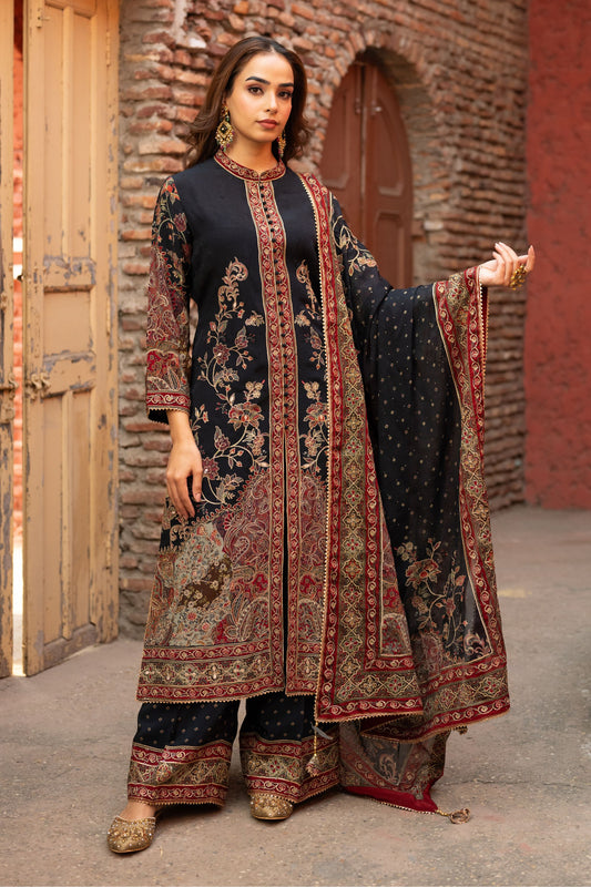 Black Achkan Style Pakistani Suit With Digital Prints