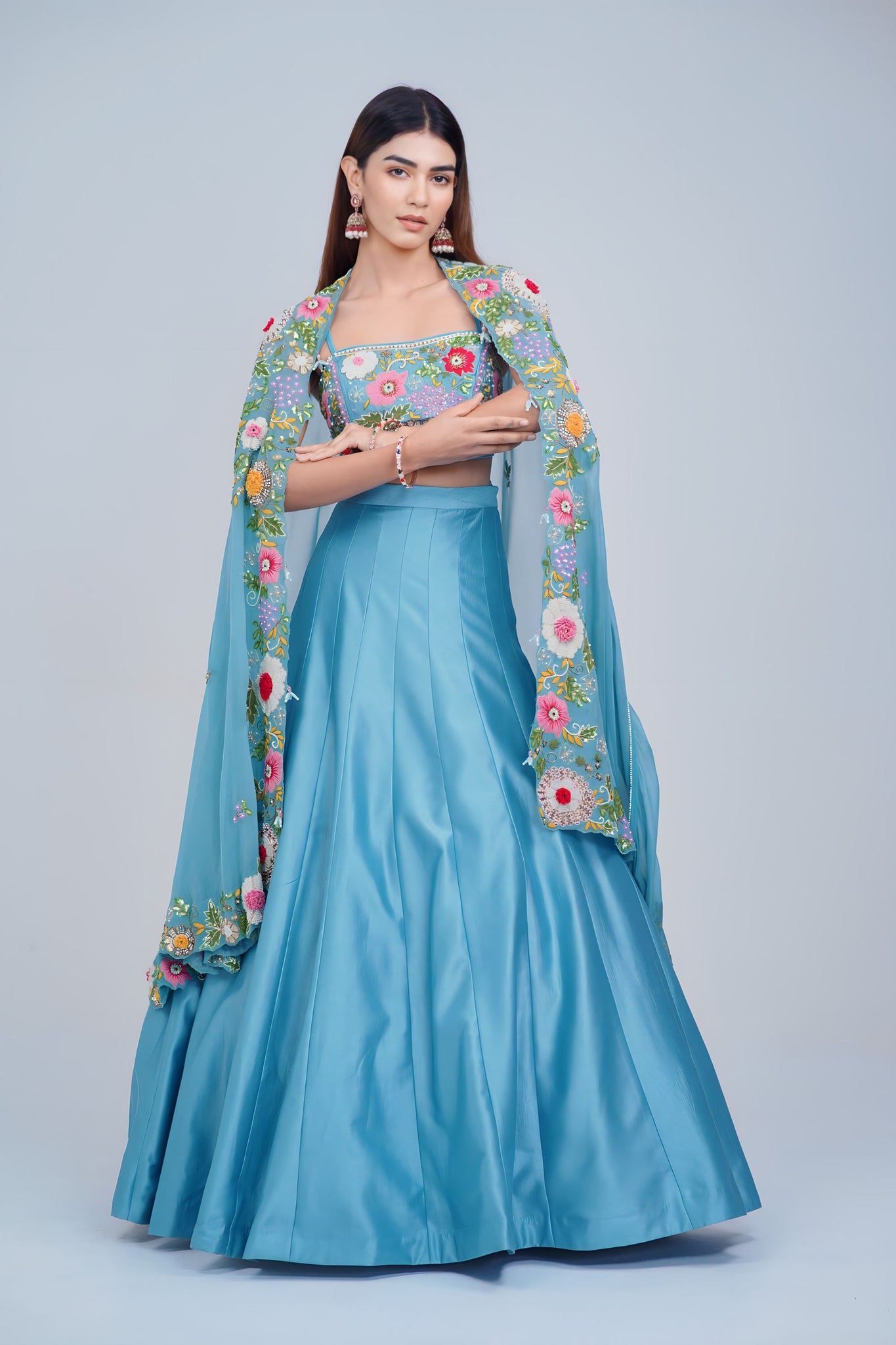 Aqua Blue Floral Embroidered Lehenga Set with Organza Cape