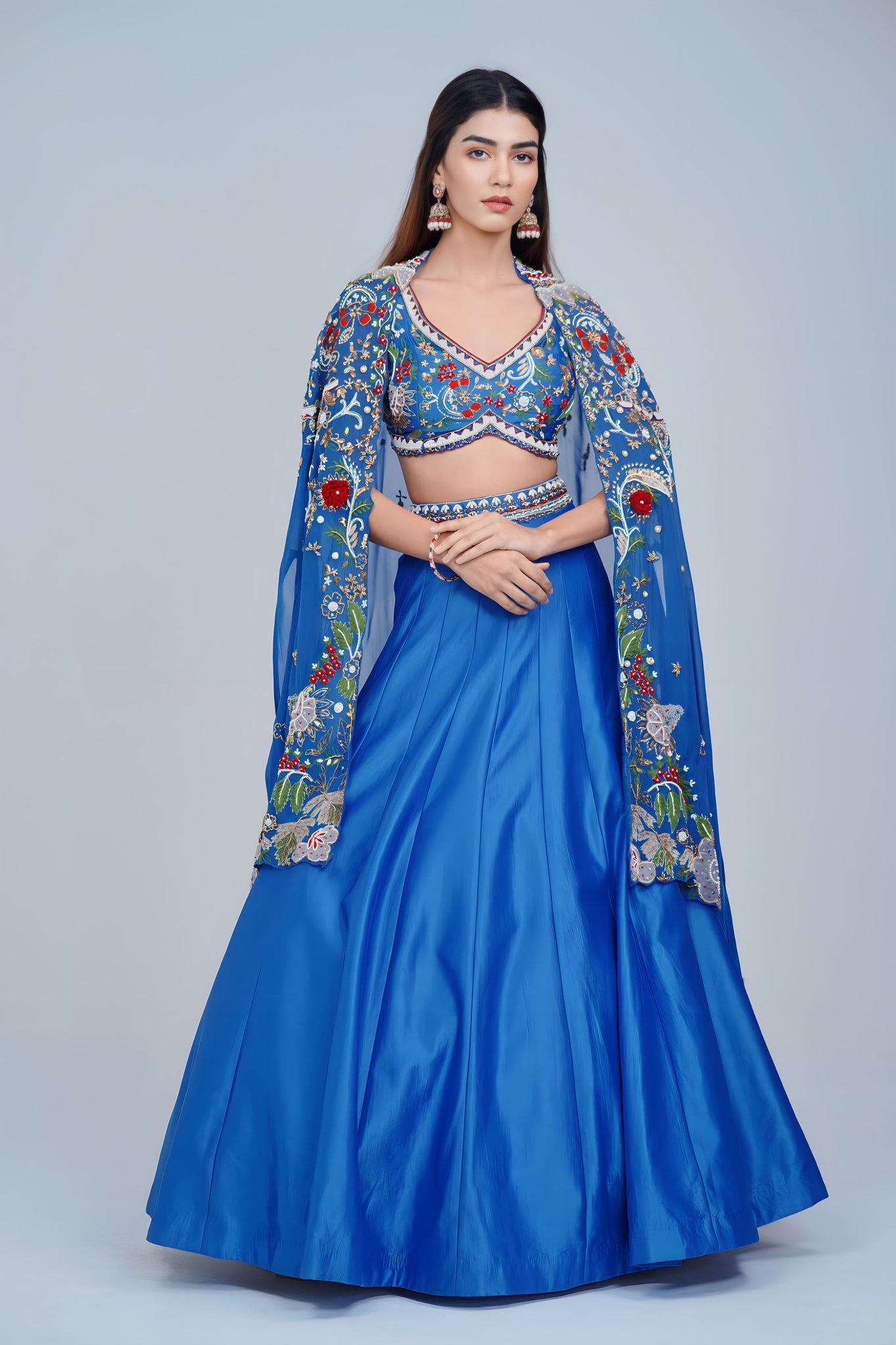 Mesmerizing Turquoise Blue Lehenga with Floral Embroidered Cape Ensemble