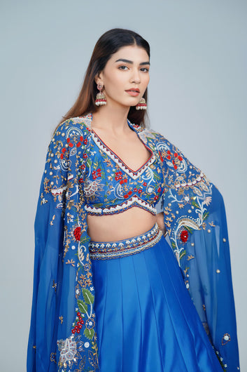 Mesmerizing Turquoise Blue Lehenga with Floral Embroidered Cape Ensemble