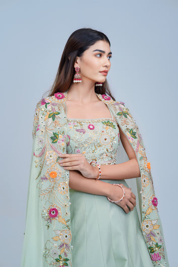 Light Green Indo Western Lehenga with Floral Embroidered Cape Set