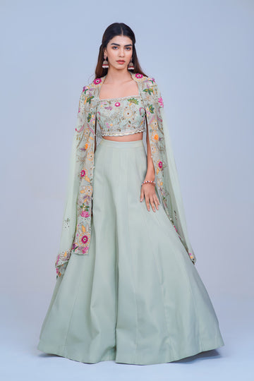 Light Green Indo Western Lehenga with Floral Embroidered Cape Set