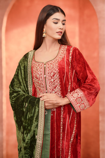 Velvet Romance Red Suit With Mehandi Odhni And Flowy Plazo