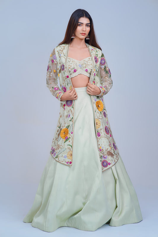 Graceful Indo Western Lehenga with Handcrafted Resham Embroidery and Cape Elegance