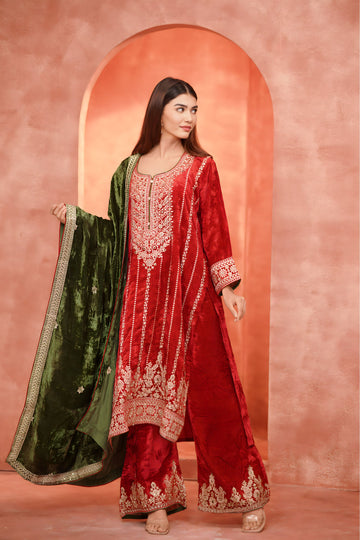 Velvet Romance Red Suit With Mehandi Odhni And Flowy Plazo