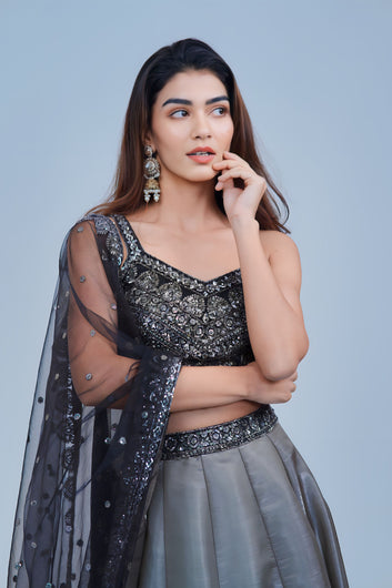 Smoky Grey Lehenga with Black Floral Embroidery and Shimmer