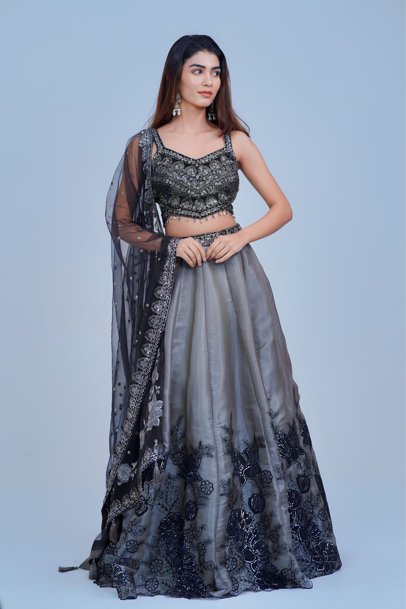 Smoky Grey Lehenga with Black Floral Embroidery and Shimmer