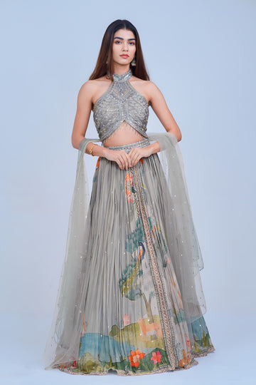 Nature Inspired Indo Western Lehenga with Shimmery Halter Blouse