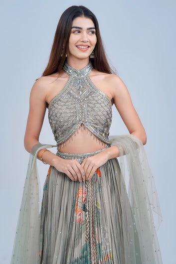 Nature Inspired Indo Western Lehenga with Shimmery Halter Blouse