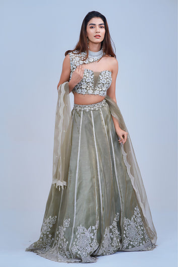 Elegant Olive Green Floral Lehenga with Asymmetric Neckline