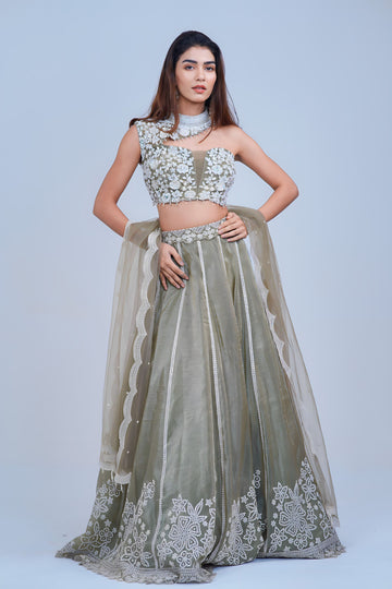 Elegant Olive Green Floral Lehenga with Asymmetric Neckline