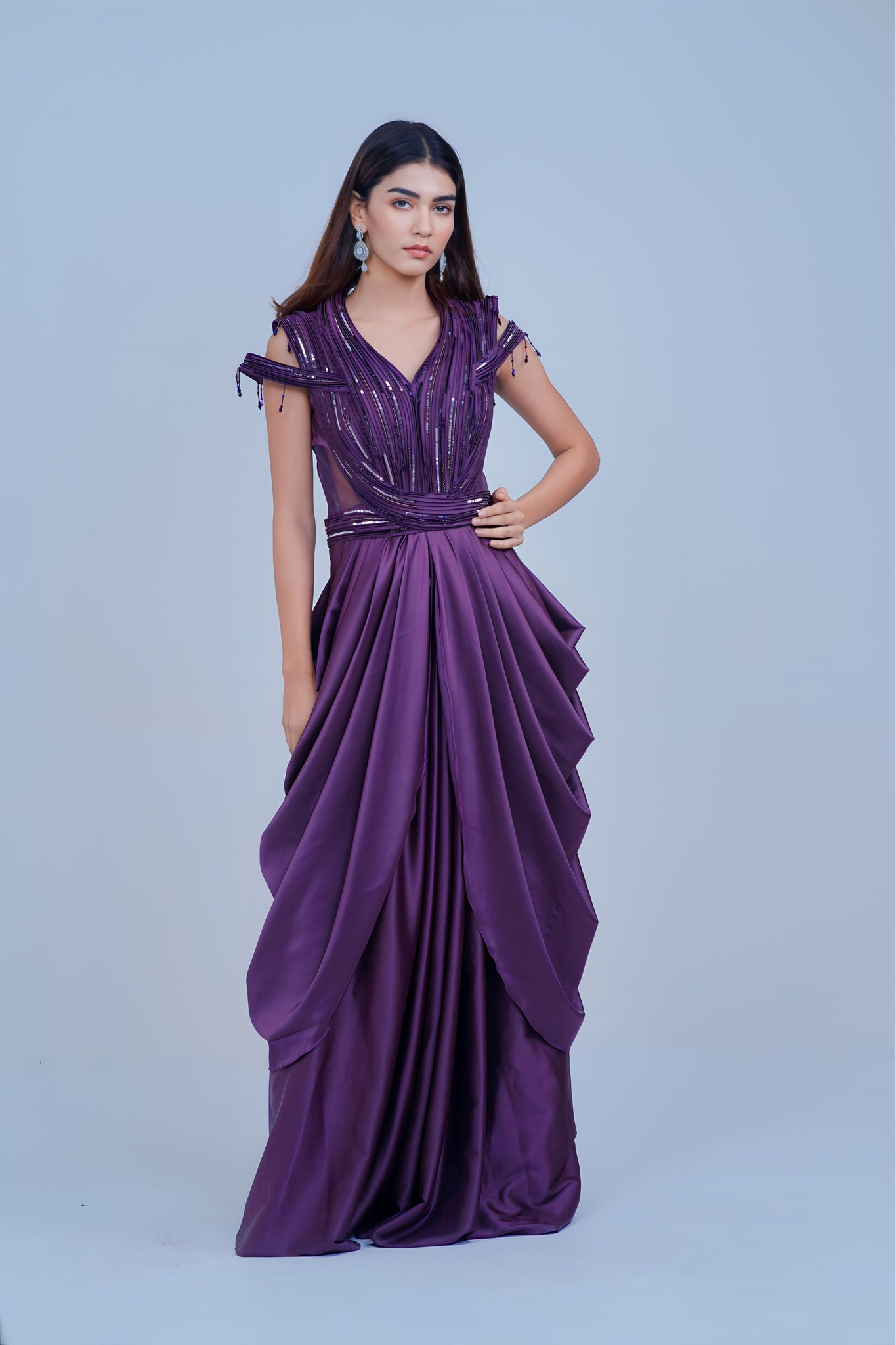 Regal Violet Draped IndoWestern with Sequin Accents