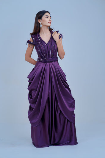 Regal Violet Draped IndoWestern with Sequin Accents