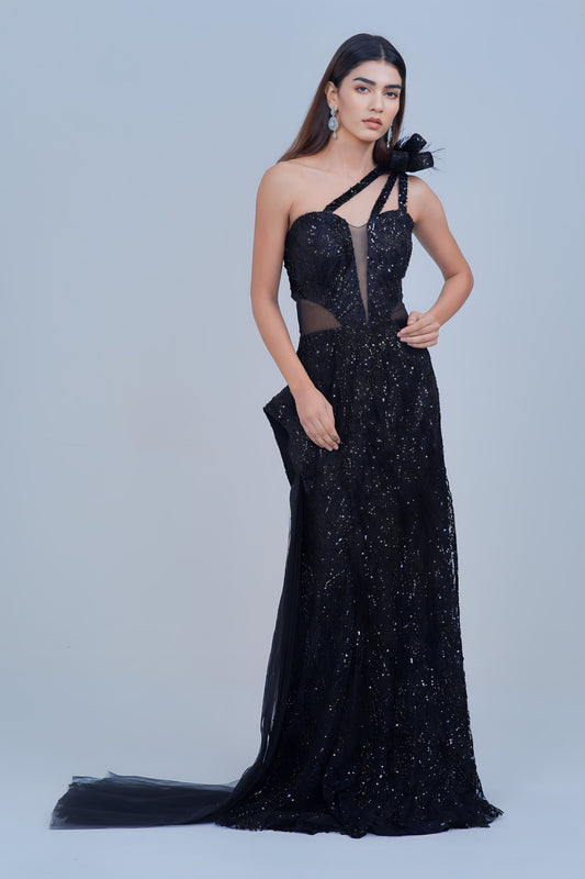 Jet Black Sequin Gown with 3D Floral Accent