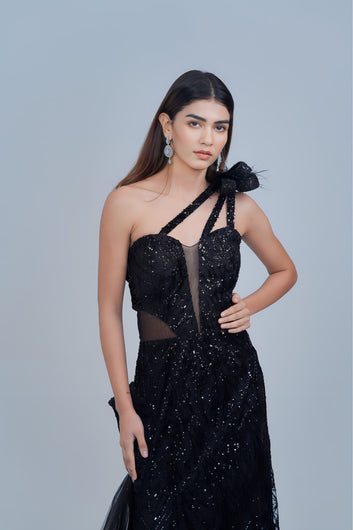 Jet Black Sequin Gown with 3D Floral Accent