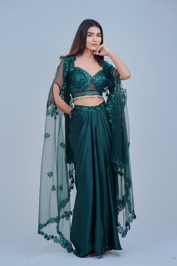 Stunning Bottle Green Indo Western Skirt Set with Sleek Sequin Cape