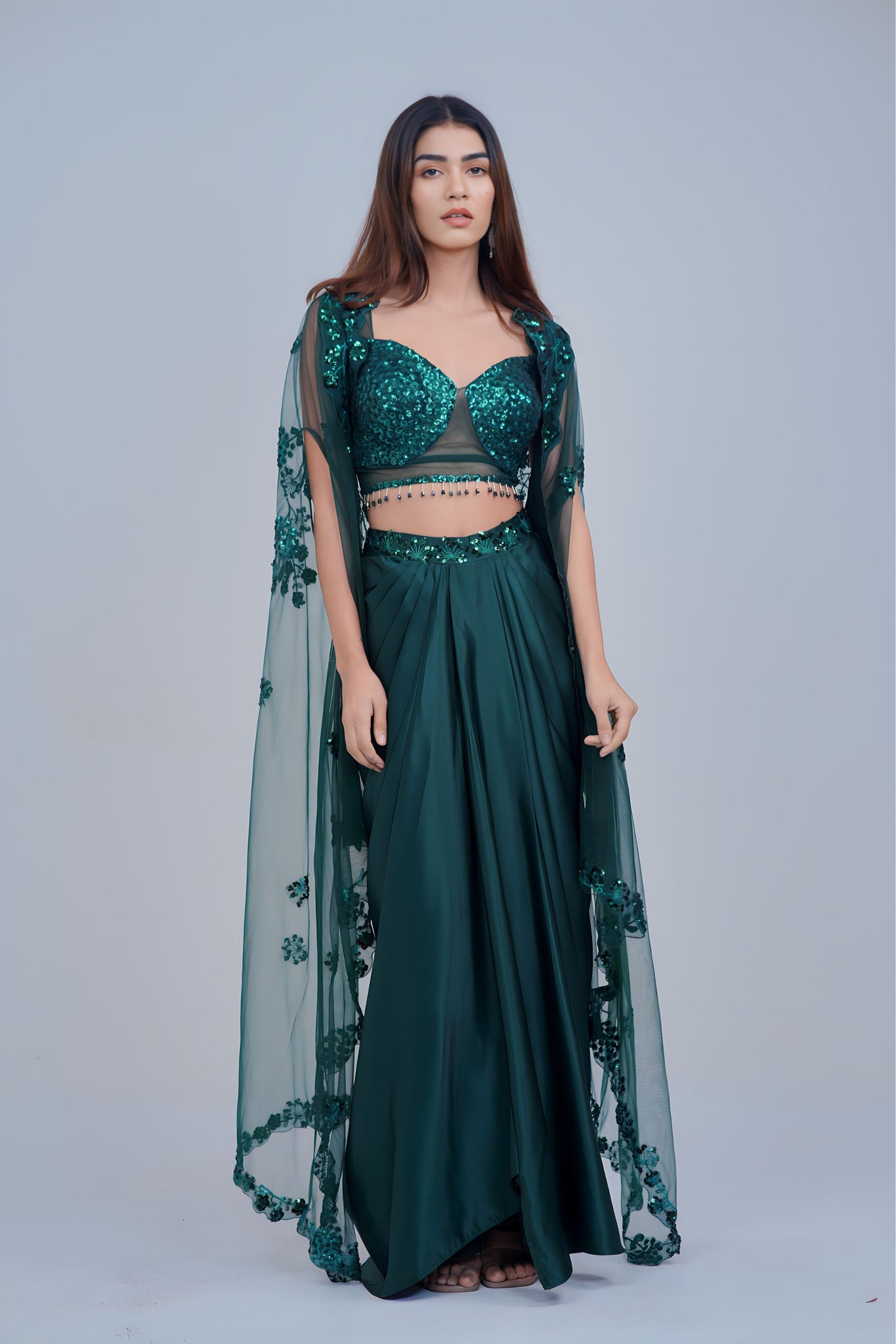 Stunning Bottle Green Indo Western Skirt Set with Sleek Sequin Cape