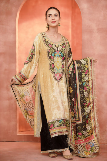 Cream Elegance Pakistani Suit With Digital Print Black Plazzo And Dupatta