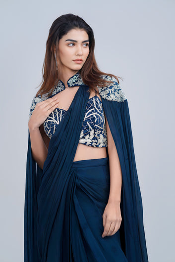 Midnight Blue Draped IndoWestern with Embroidered Cape