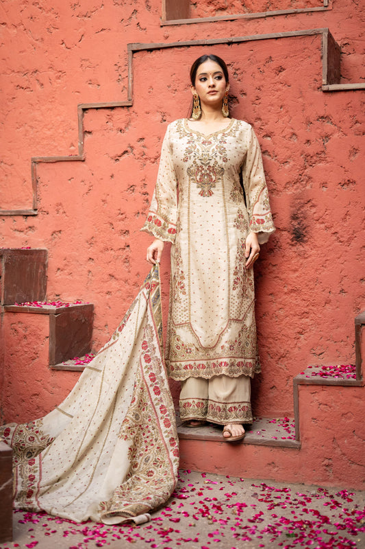 Cream Pakistani Long Plazo Suit with Digital Prints and Golden Highlites