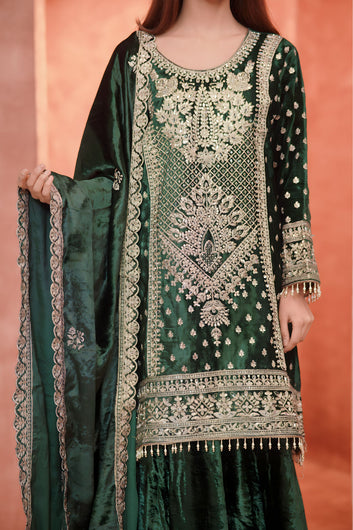 Bottle Green Velvet Embellished Suit With Plazo And Udhni Dupatta