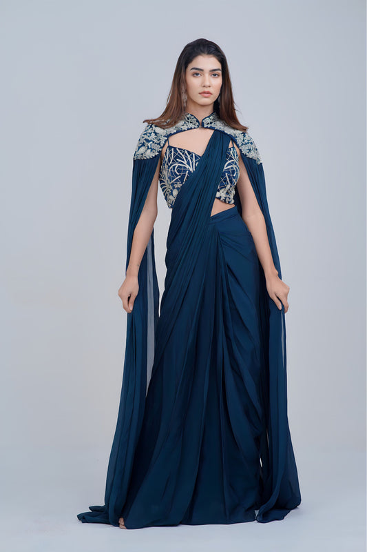 Midnight Blue Draped IndoWestern with Embroidered Cape