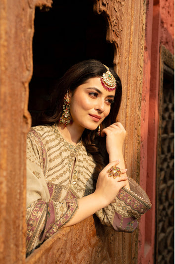 Elegant Cream Beige Pakistani Suit with Sleek Digital Prints Golden Highlights & Odhani  Dupatta