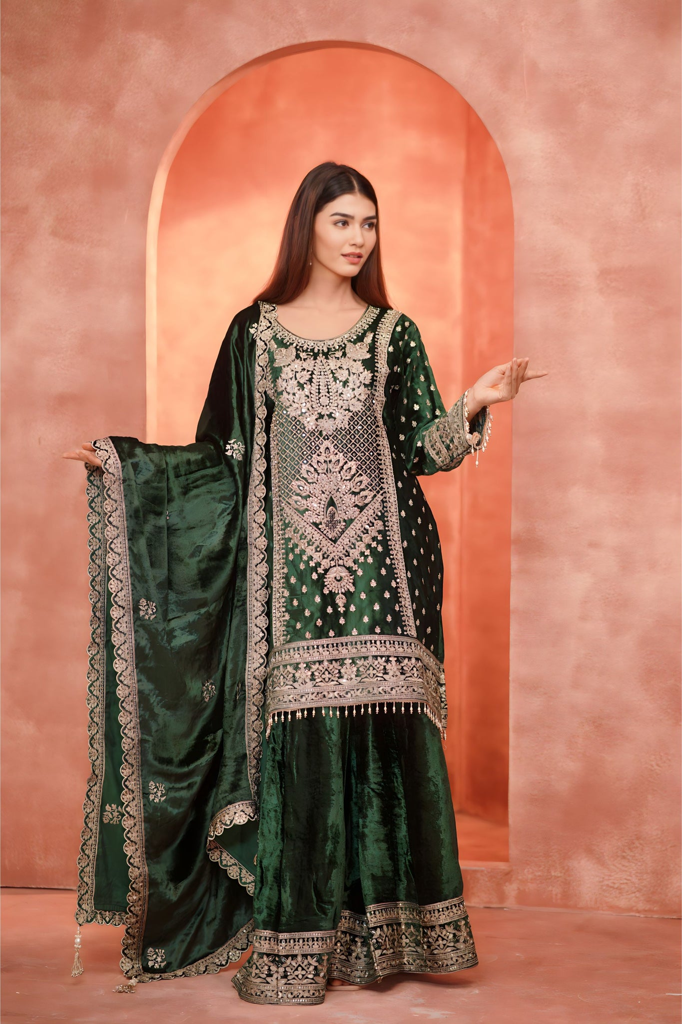 Bottle Green Velvet Embellished Suit With Plazo And Udhni Dupatta