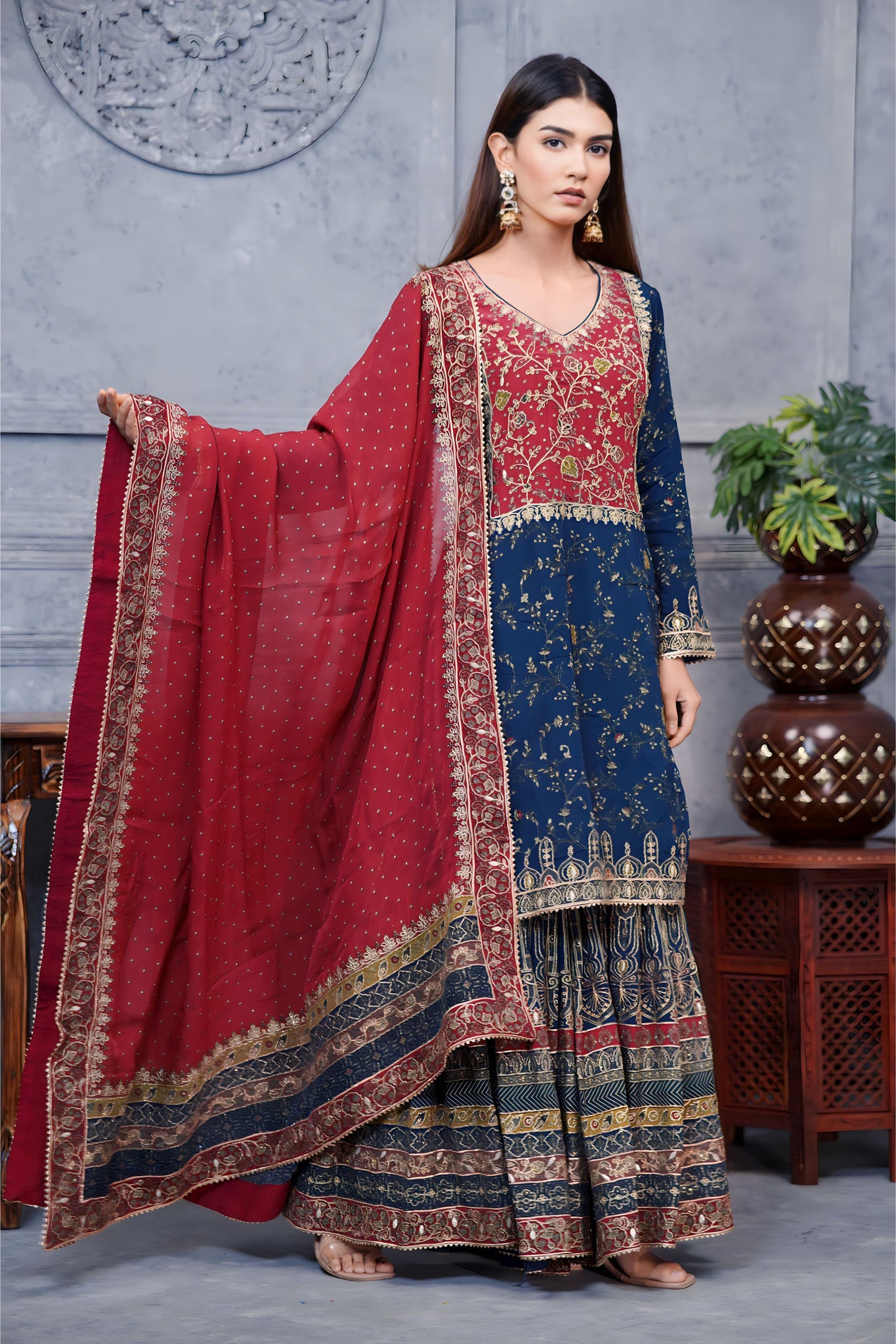 Dark Blue Digital Printed Pakistani Suit With Red Contrast And Flared Garara