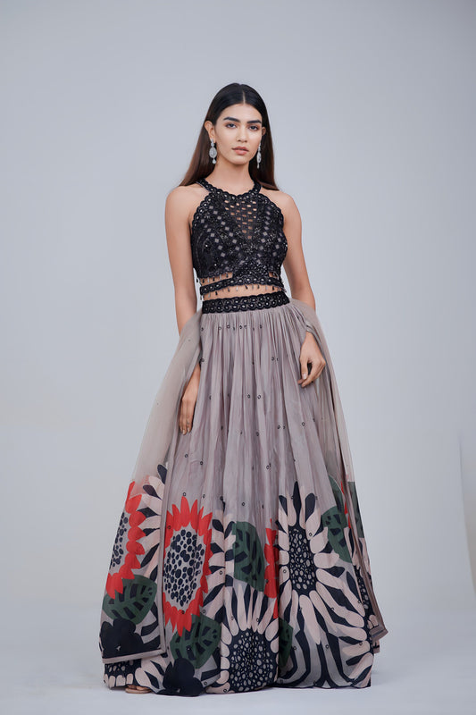 Ethereal Black and Grey Embroidered Floral Lehenga Set