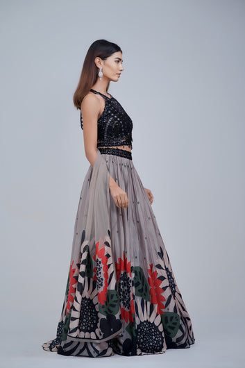 Ethereal Black and Grey Embroidered Floral Lehenga Set